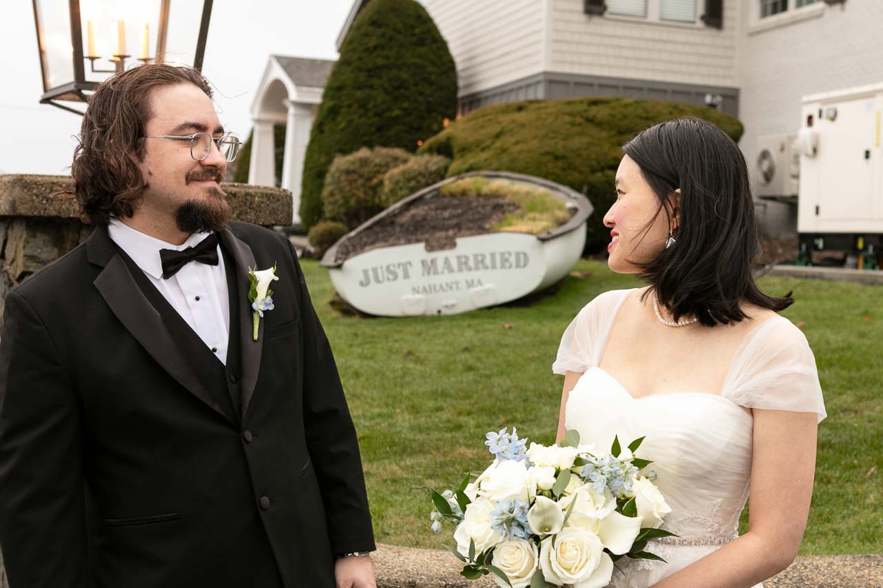 Megan and Andrew in front of the Just Married boat